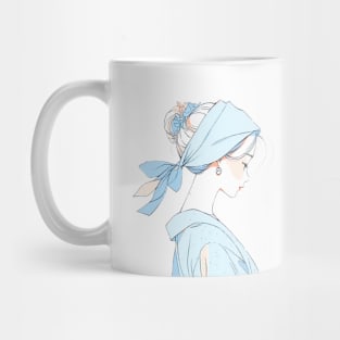 Minimalist line art pretty girl in blue Mug